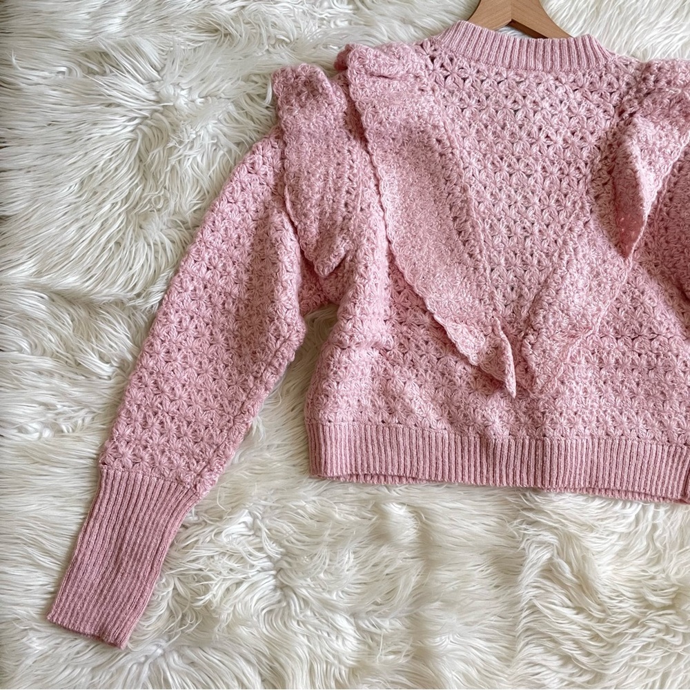 Farm Rio Pink Flower Texture Crochet Knit Ruffle Cardigan Sweater NWT Small - Picture 15 of 16